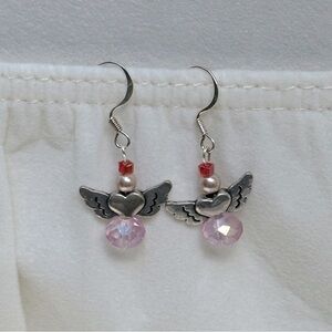 Handmade Pink Heart Wings Angel Earrings Glass & Faux Pearls Dainty Silver Tone